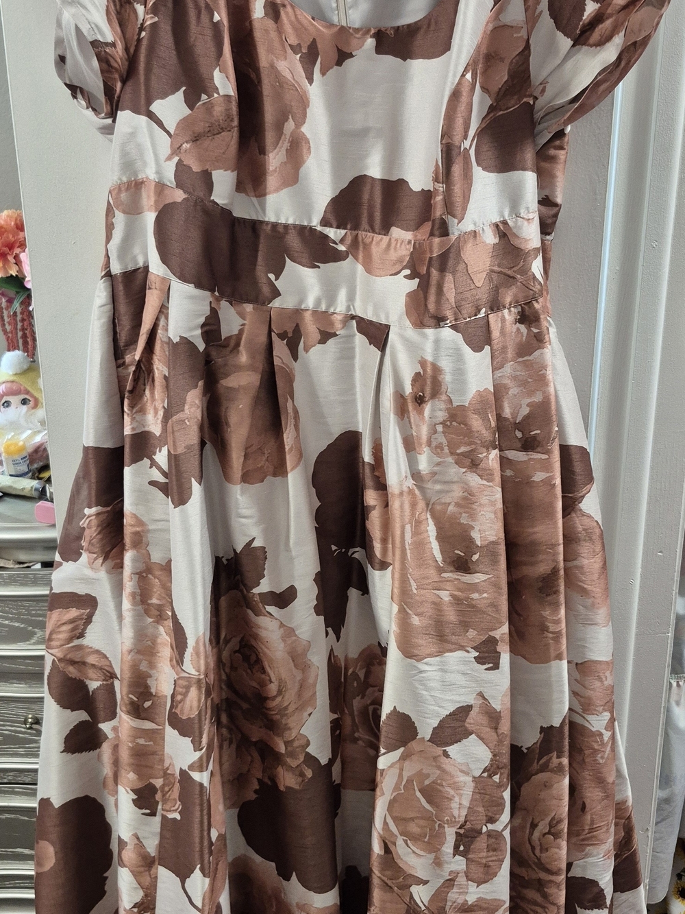 eshakti Cream Dress with Brown Rose Print